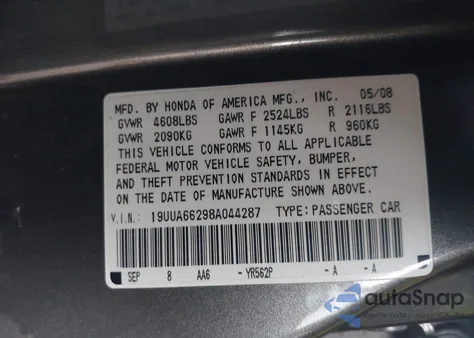 2008 Acura Tl 3.2 from USA, damaged, VIN 19UUA66298A044287